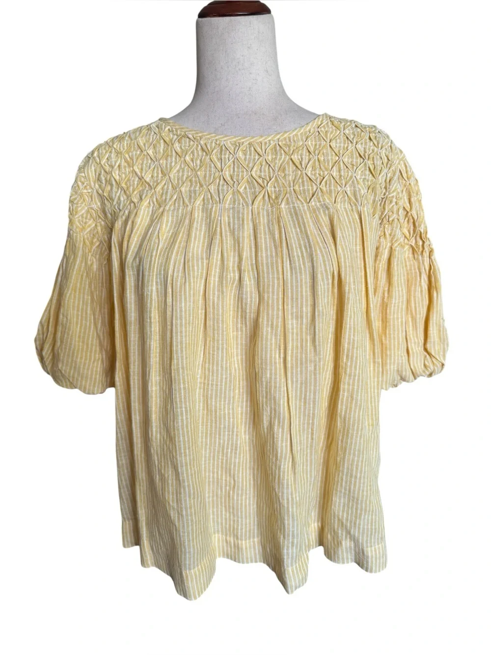 Anthropologie Butter Yellow & White Striped Smocked Puff Sleeve Blouse
